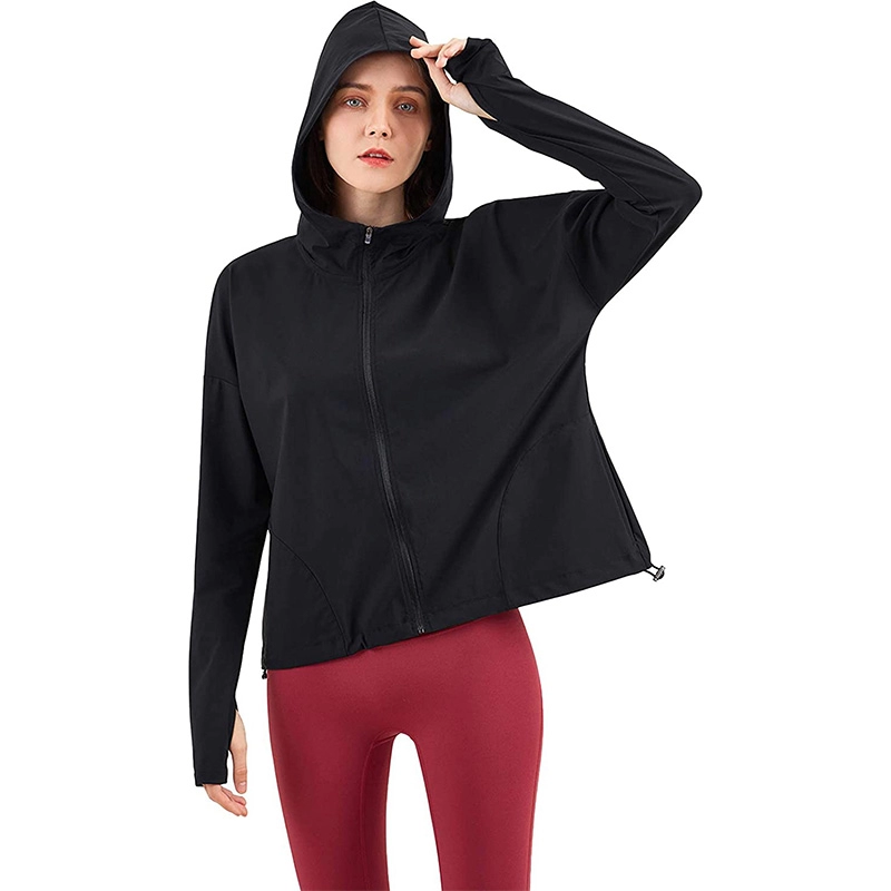 Womens Hooded Running Jacket Quick-dry Lightweight Track Jacket Full Zip Workout Yoga Jackets with Thumb Holes