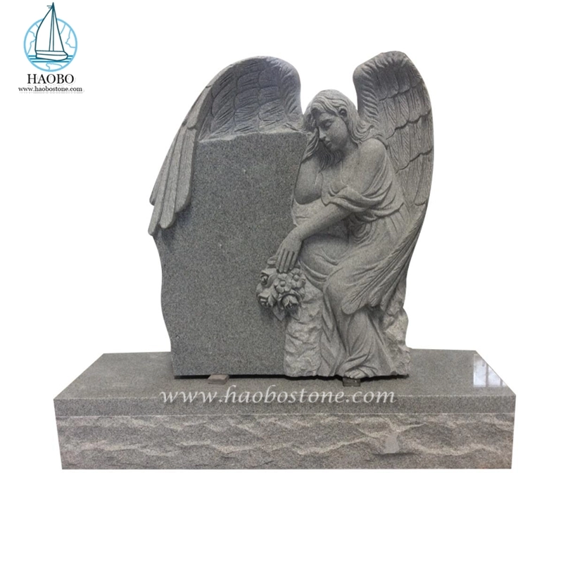 Wholesale Factory Grey Granite Winged Angel Holds Rose Carved Tombstone