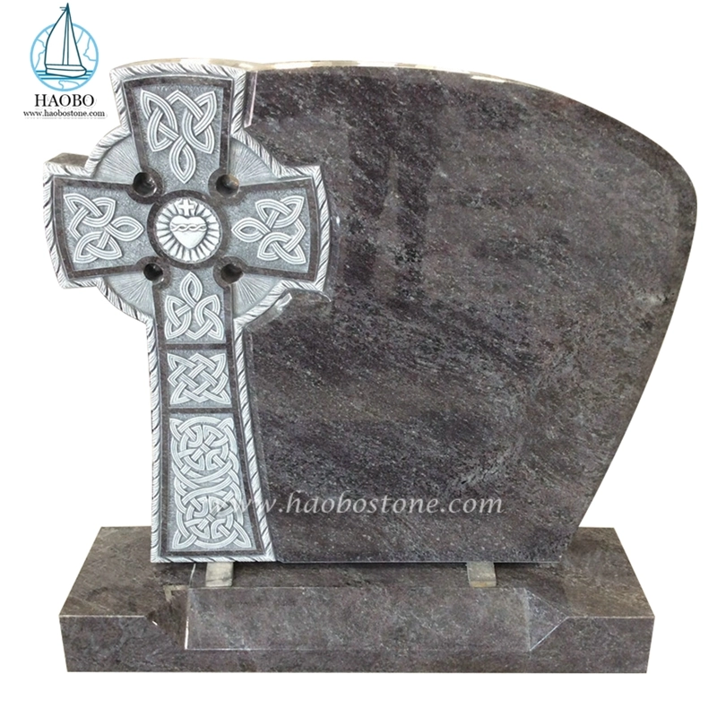 Bahama Blue Granite Celtic Mist Cross Carved Headstone