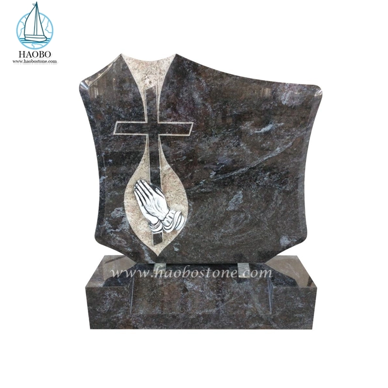 Ocean Blue Granite Cross with Praying Hands Engraved Monument