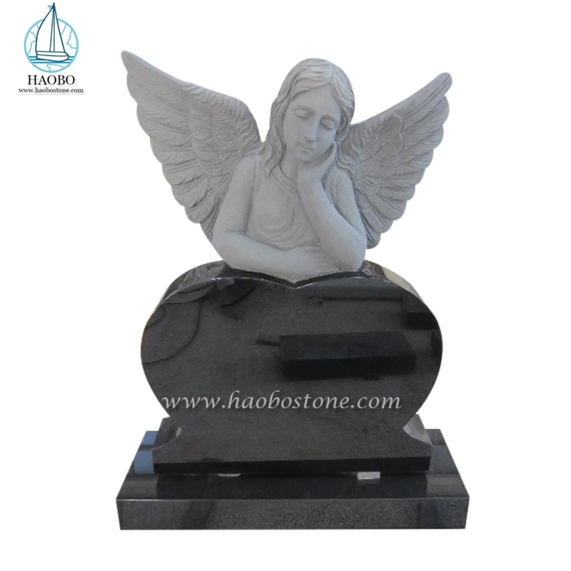 India Black Granite Sleeping Angel With Heart Memorial Headstone