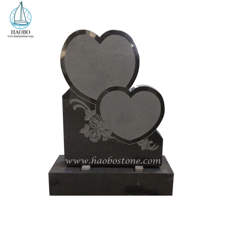 Black Granite Double Heart with Flower Engraved Upright Headstone
