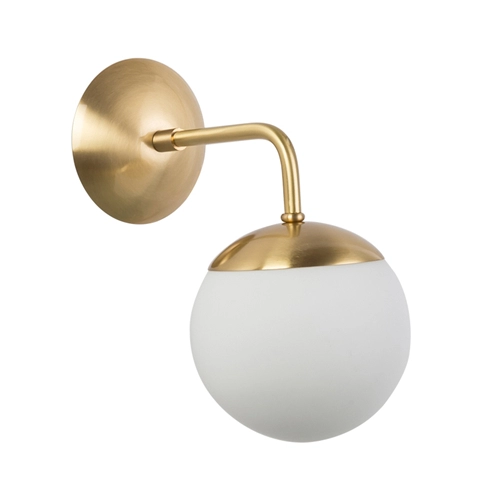 Brass white frosted glass globe wall sconce