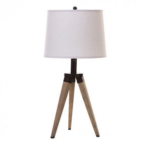 Oak wooden tripod table lamp with grey shade