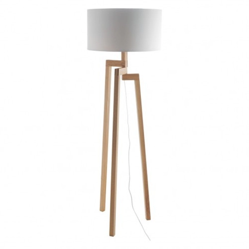 Modern light wood tripod floor lamp with drum shade