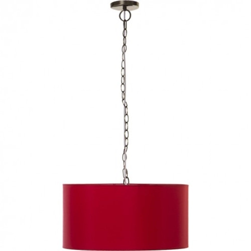 Red drum shade chain pendant light over kitchen island