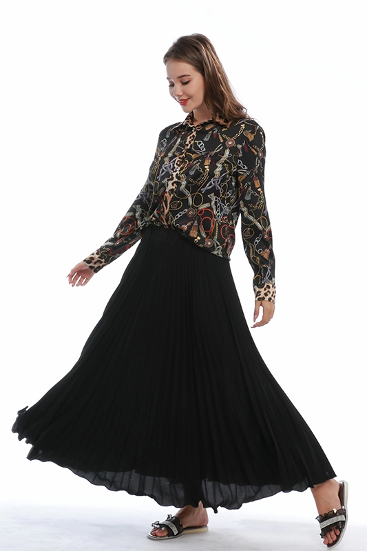 Factory Trendy Vintage Maxi Women Casual Long Black Pleated Chiffon Skirts