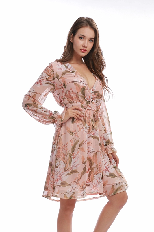Pink V Neck Chiffon Fabric Floral Women Dresses