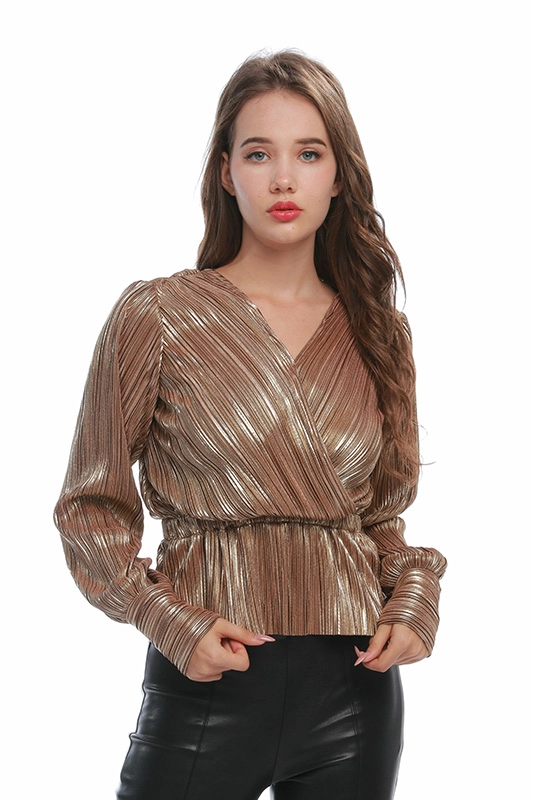 OEM Factory Glitter V Neck Pleated Fabric Elastic Waist Summer Elegant Long Sleeve Women Blouse