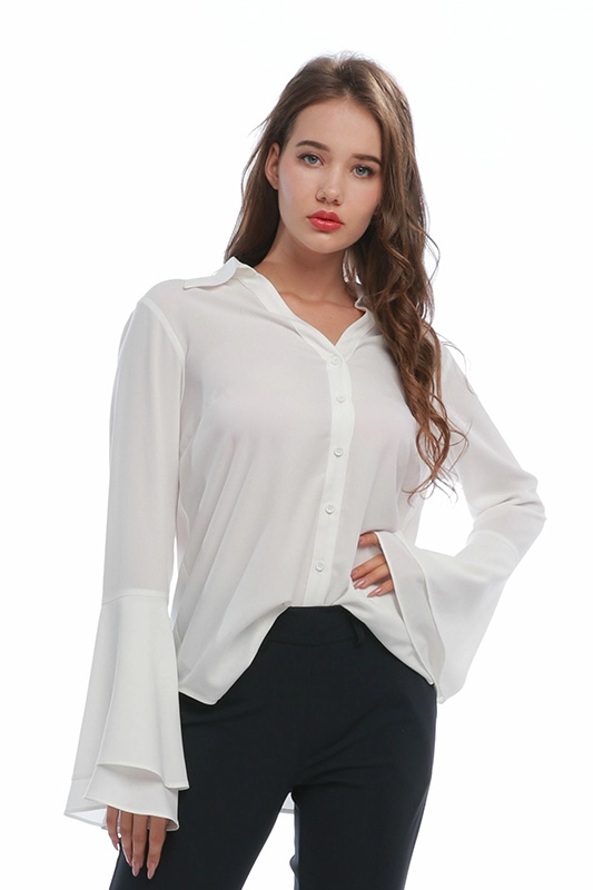 White Bell Sleeve V-Neck Polyester Spandex Woman Shirt Blouse