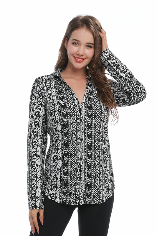 Clothing Manufacturer Geometric Print Long Sleeve V-Neck Polyamide Spandex Women Shirts Blouse