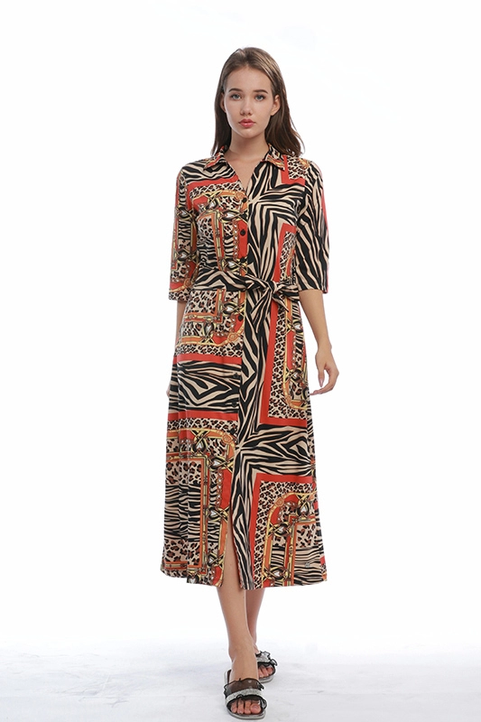 Autumn Long Sleeves Turndown Neck Animal Leopard Print Elegant Ladies' Women's Casual Shirt Dress