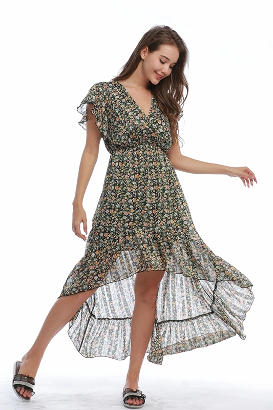 Custom Summer Ruched Casual Tulle V Neck Women Floral Chiffon Dresses