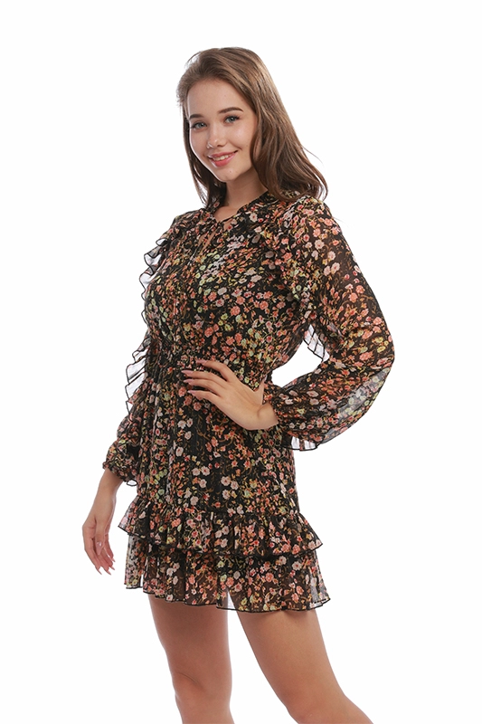 Women's Clothing Manufacturer Fashion Chiffon Long Sleeve Ruffles Mini Floral Casual Dresses