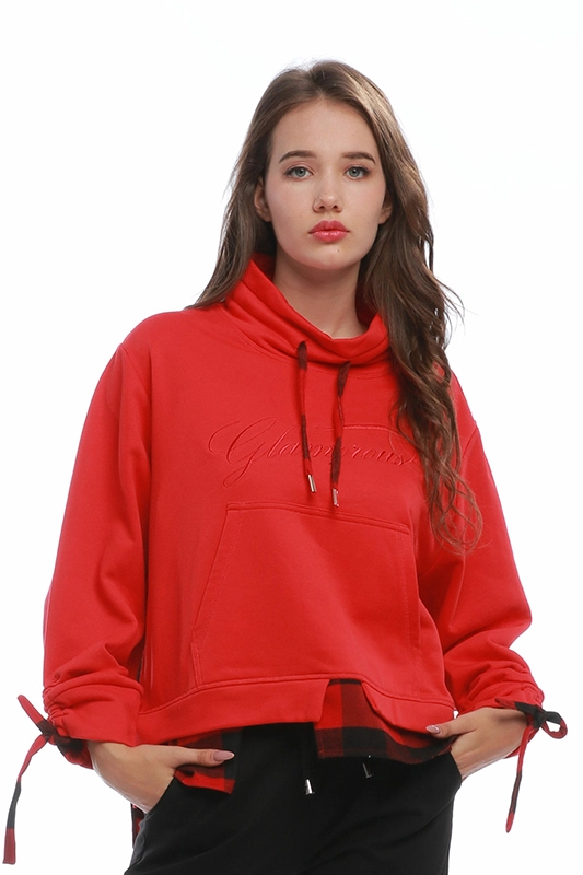 Red Womens Pullover Hoodies Trendy Plaid Patchwork Sweatshirt