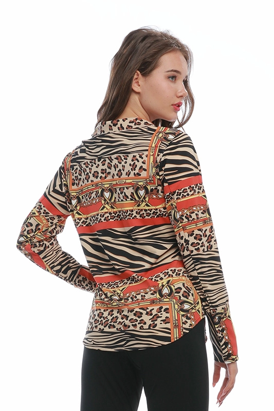 Spring Polyamide Spandex Turn-down Collar Long Sleeve Printed Leopard Women's Shirt Casual Ladies' Blouse