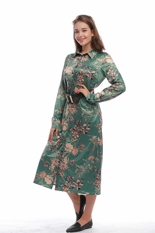 Women Casual Elegant Vintage Floral Satin Mid-Calf Long Sleeve Belted Tunic Shirt Dress