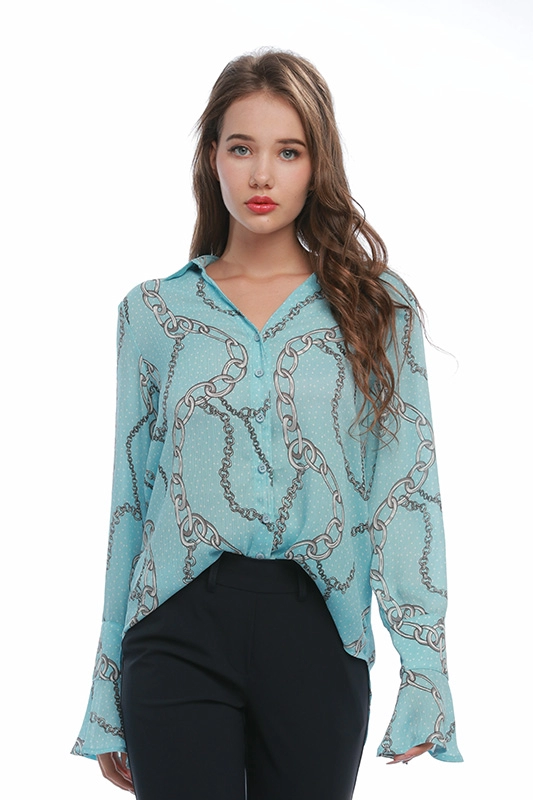 Casual Bell Sleeve Chains Printing Chiffon Blue Women's Shirt Ladies' Blouse