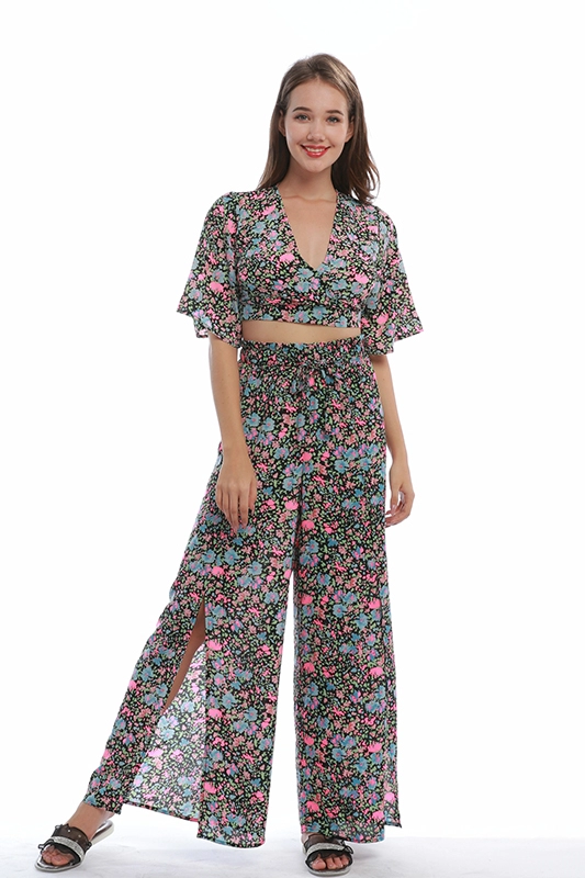 OEM Factory Custom Summer Casual Floral Printed Chiffon Summer Women Clothing Crop Top Slit Pants Two Piece Set