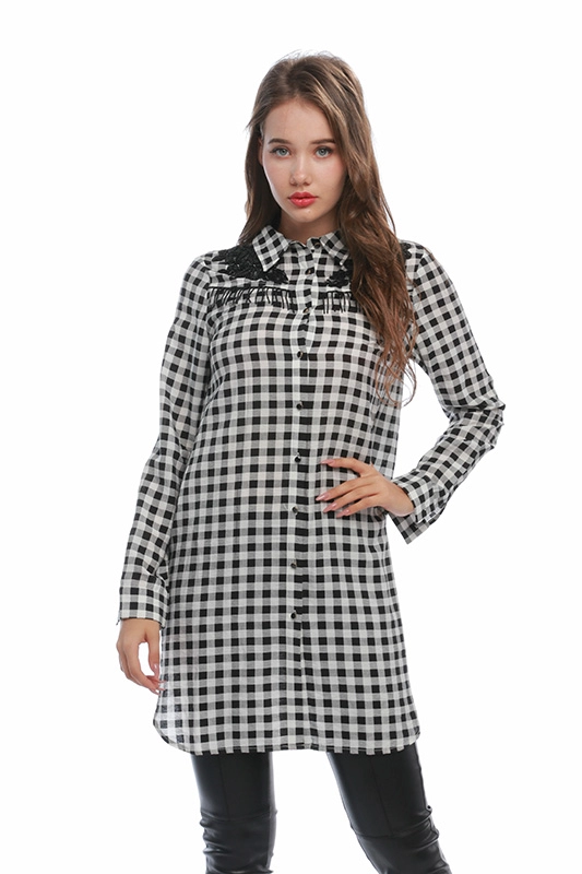 Manufacturer Plaid Beading Appliques Long Sleeve Fall Clothes Button Down Long Shirt for Women
