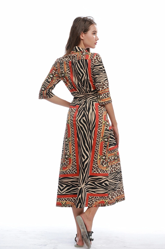 Autumn Long Sleeves Turndown Neck Animal Leopard Print Elegant Ladies' Women's Casual Shirt Dress