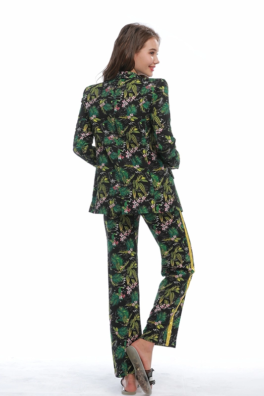 Casual Thin Green Floral Print Suits Blazers Straight Elastic Waist Side Tape Printed Trousers​ Two-Piece Suit Set