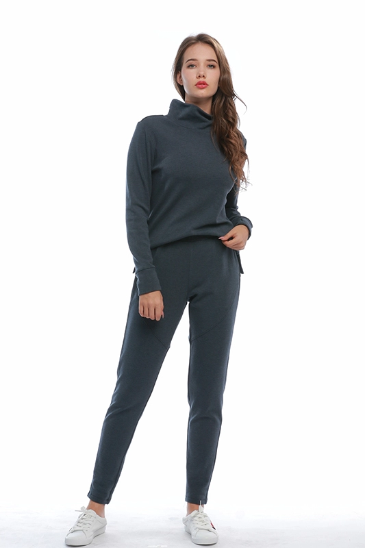 Casual Plain Women Side Slit High Collar Sweatshirt & Slim Sweat Pants Joggers Two-Piece Set
