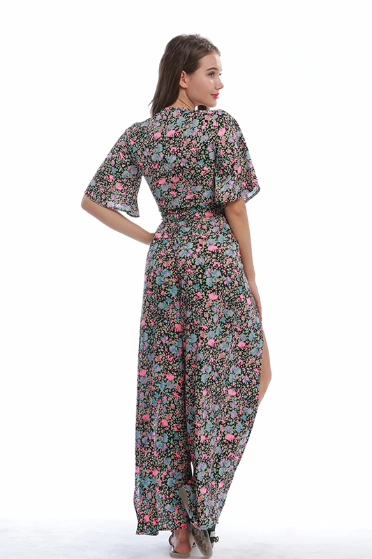 OEM Factory Custom Summer Casual Floral Printed Chiffon Summer Women Clothing Crop Top Slit Pants Two Piece Set