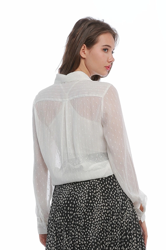 Women's Casual Long Sleeve Lace Placket Flocking Dot White Elegant Translucent Chiffon Shirt Blouse