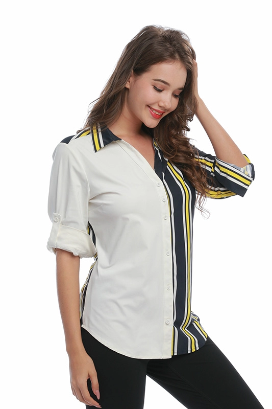 Ladies' Striped Long Sleeve Color Block Button Down V Neck Collared Spliced Knit Women Shirts Blouse Top
