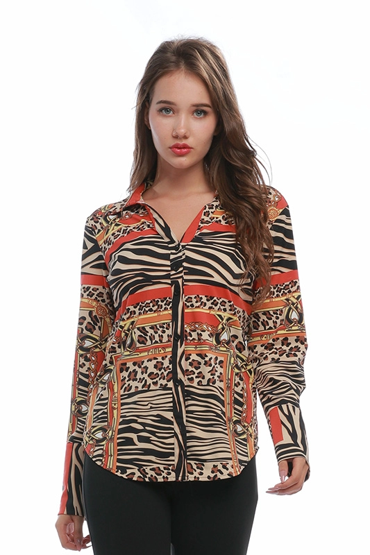 Spring Polyamide Spandex Turn-down Collar Long Sleeve Printed Leopard Women's Shirt Casual Ladies' Blouse