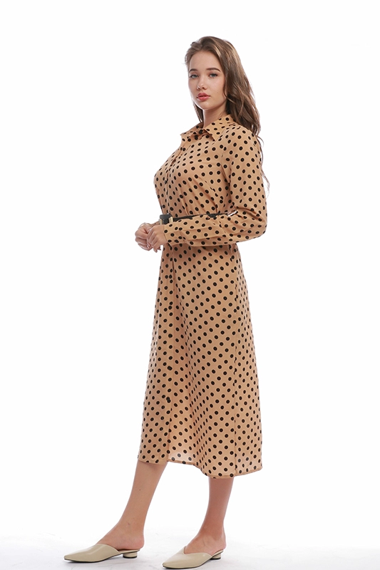 Elegant Vintage Dress A-line Long Sleeve Turn-down Collar Polka Dot Dresses