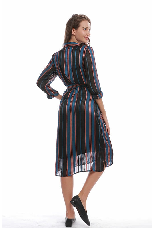 Women Causal Silk Striped Long Sleeve Belted Tunic Fall Ladies Clothes Shirt Dress