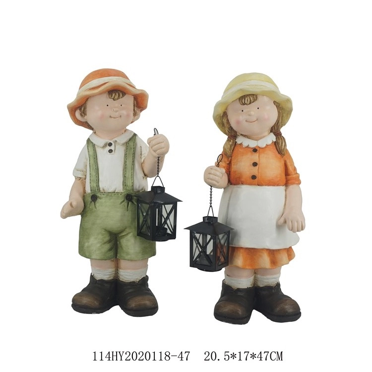 Boy and Girl Garden Statues with Solar Lanterns