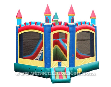 18*18 rainbow kids inflatable bounce house with slide made of best 0.55mm pvc tarpaulin for sale