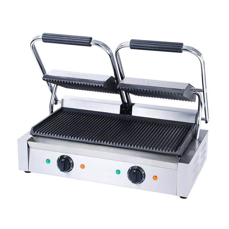 2 x 1.8 kW Double Grooved Top and Bottom Commercial Panini Press Grill For Sale