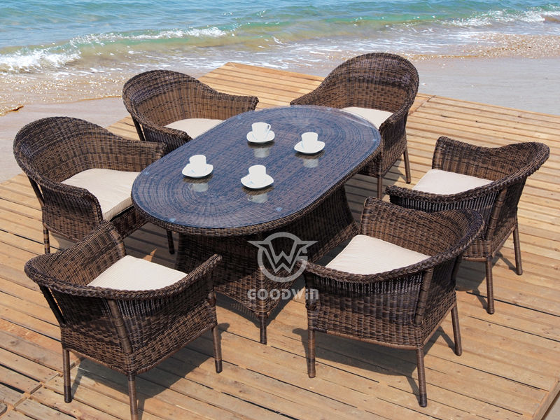 6-seat Outdoor Synthetic Rattan Dining Set With Oval Table