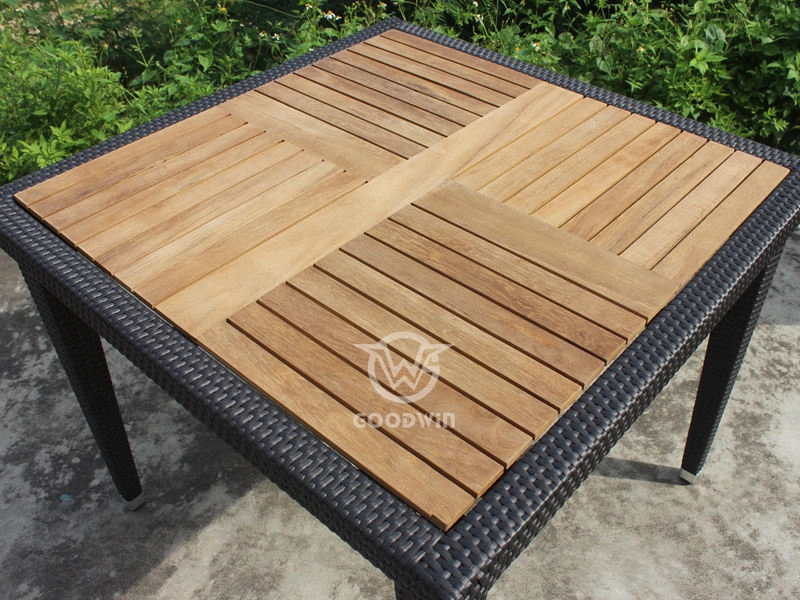 Patio Furniture Rattan Dining Table With Teak Tabletop