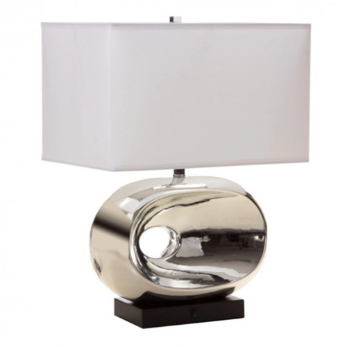 Contemporary Large Silver Table Lamp With White Rectangular Linen Shade