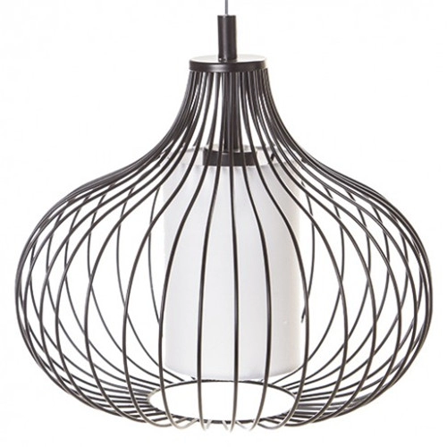 Modern 1 Light Black Metal Wire Cage Pendant Light With Inner Cylinder Linen Shade