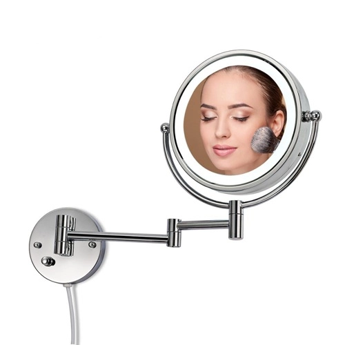 Polished chrome wall mount LED lighted makeup mirror with 10X magnification