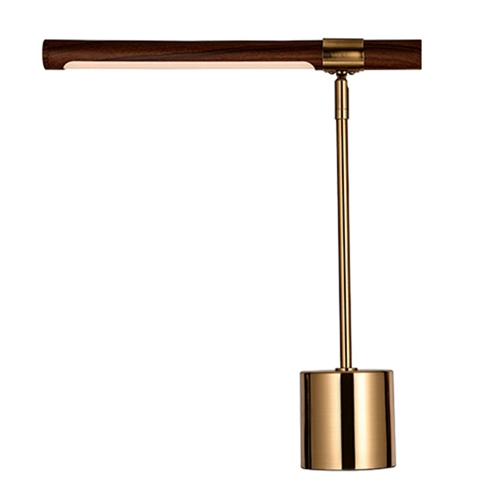 Modern linear walnut wood shade LED desk lamp in antique brass