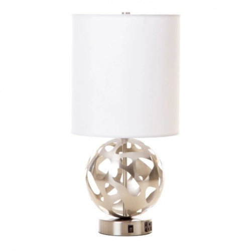 Modern Brushed Nickel Small Bedside Table Lamp With Power Outlet