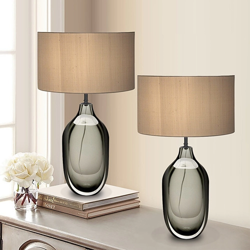 Modern Light Gray Glass Bedside Table Lamp With Cream Linen Shade
