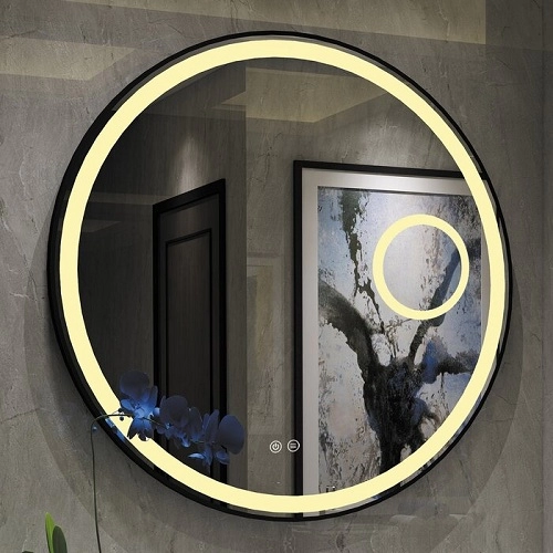 Black Metal Framed Bathroom Wall LED Round Mirror with 5X Magnifying Mirror