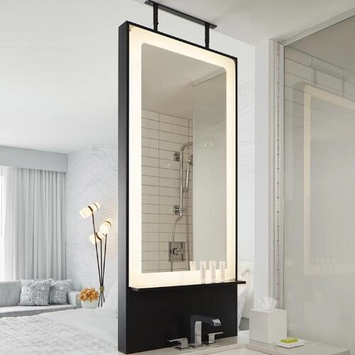 Luxury Rectangular Tall Black Metal Framed LED Bathroom Mirror With Shelf