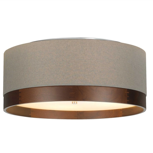 Modern 3 Light Oatmeal Fabric Drum Shade Ceiling Flush Mount With Walnut Wood Band