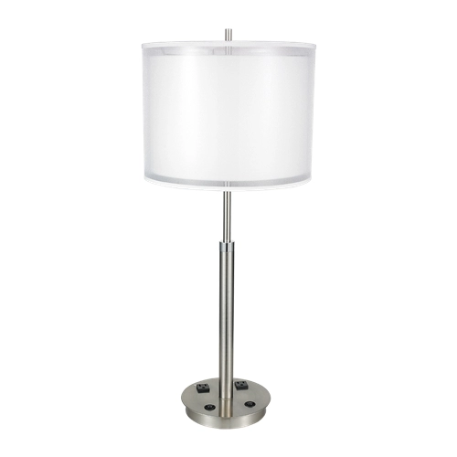 Double Shade Hotel Style Brushed Nickel Table Lamp With Two Power Outlets