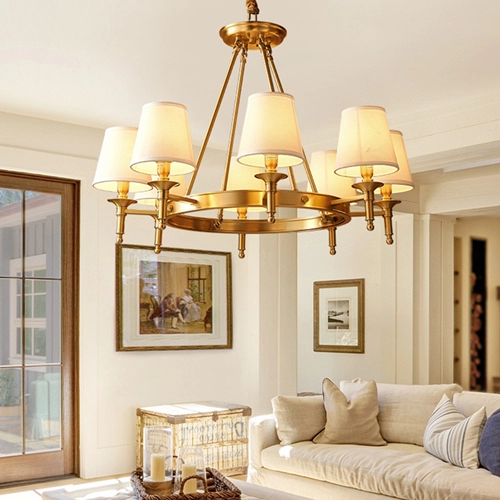 8 Light Brass Round Chandelier Hanging Light With White Fabric Shades