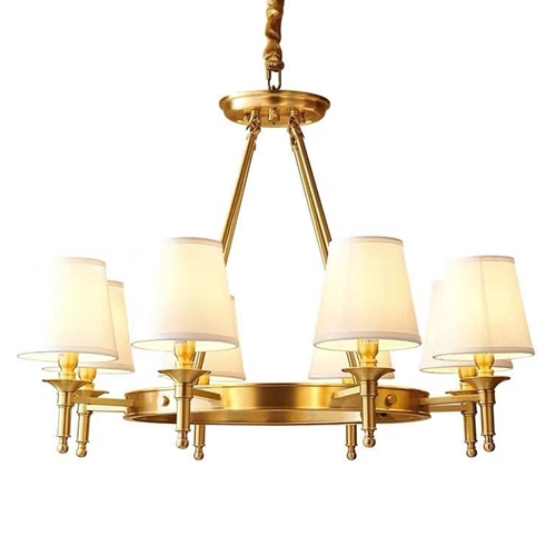 8 Light Brass Round Chandelier Hanging Light With White Fabric Shades
